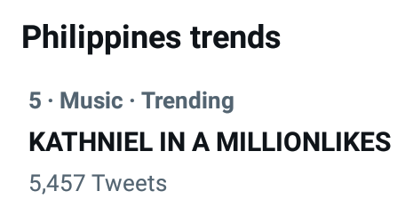KATHTropaOFC's tweet photo. “KATHNIEL IN A MILLIONLIKES” is trending at 5th spot nationwide! Thank you everyone! 🥰🖤✨

📍 https://t.co/0uMmMhX3mD
@bernardokath @imdanielpadilla @min_bernardo #KathNiel #KathrynBernardo #DanielPadilla https://t.co/NktTqT7T0g