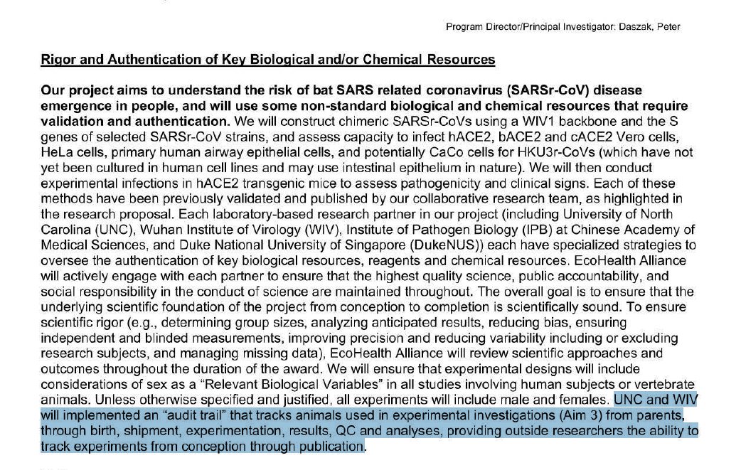 21/ Audit trail: “WIV will implemented an "audit trail" that tracks animals used in experimental investigations (Aim 3) from parents, through birth, shipment, experimentation, results, QC and analyses, providing outside researchers the ability to track experiments..” Where is it?