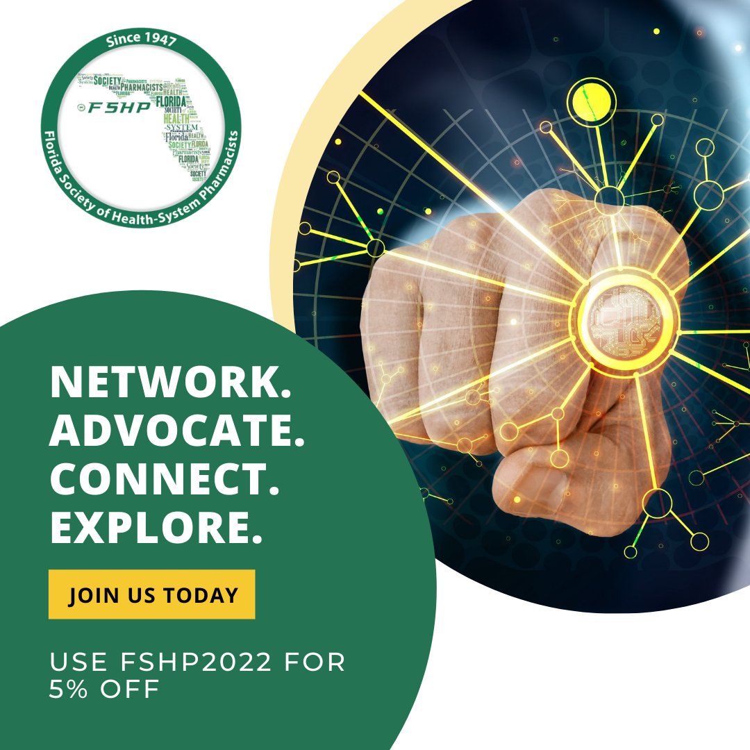 FSHPOfficial's tweet photo. 📢 𝗝𝗼𝗶𝗻 𝗙𝗦𝗛𝗣 𝘁𝗼𝗱𝗮𝘆!
Network. Advocate. Connect. Explore.
👉 Use the code FSHP2022 before 1/21/22 for a 5% discount.
#FloridaPharmacy #PharmacyLeaders #FSHP #FloridaPharmacists https://t.co/bQ3iyrZmUU