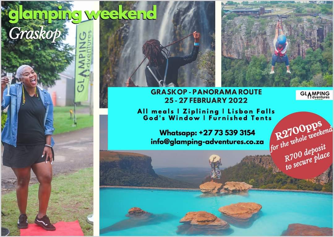 GlampingZA's tweet photo. Graskop glamping weekend: 25 - 27 February
The gem of the Panorama Route. Full weekend of glamping. We take care of everything, you enjoy.

Whatsapp 073 539 3154
info@glamping-adventures.co.za
.
.
#glamping #travel #adventure #tourism #shotleft #wanderlust #GlampingAdventures https://t.co/XsC30tDNcN