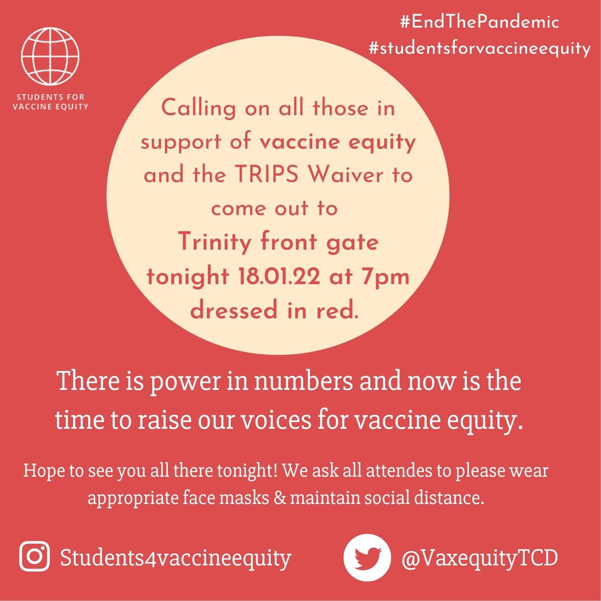Please come out tonight and show your support 📢There will be professional photographers taking pictures of all supporters in front of the red facade, these photos will be used and shared as part of our campaign. #endthepandemic #aglobalpandemicrequiresglobalaction <a href="/TCDCGH/">Trinity Centre for Global Health, TCD</a>