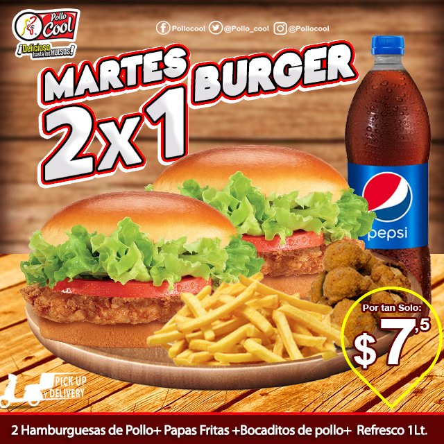 Como todos los martes, hoy te traemos tu Promoción en 2X1 Burger para que disfrutes al máximo de nuestras deliciosas hamburguesas de pollo con Papas Fritas, bocaditos de Pollo Crispy y una refrescante bebida Pepsi.
¡Delicioso Hasta los Huesos!
@pepsiven
<a href="/pedidosya/">PedidosYa</a>.vzla