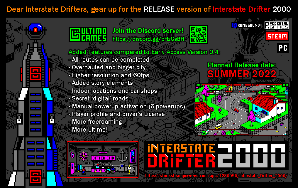 GamesUltimo's tweet photo. Working on the first full release version of Interstate Drifter 2000! 
You can already play it in Early Access: https://t.co/S8XEoNmiQ6
#interstatedrifter #game #steam #release #PC #indie #retro #drift #race #arcade #ultimo #isometric #driving #pixel #fun https://t.co/CZtZSEk7Jy