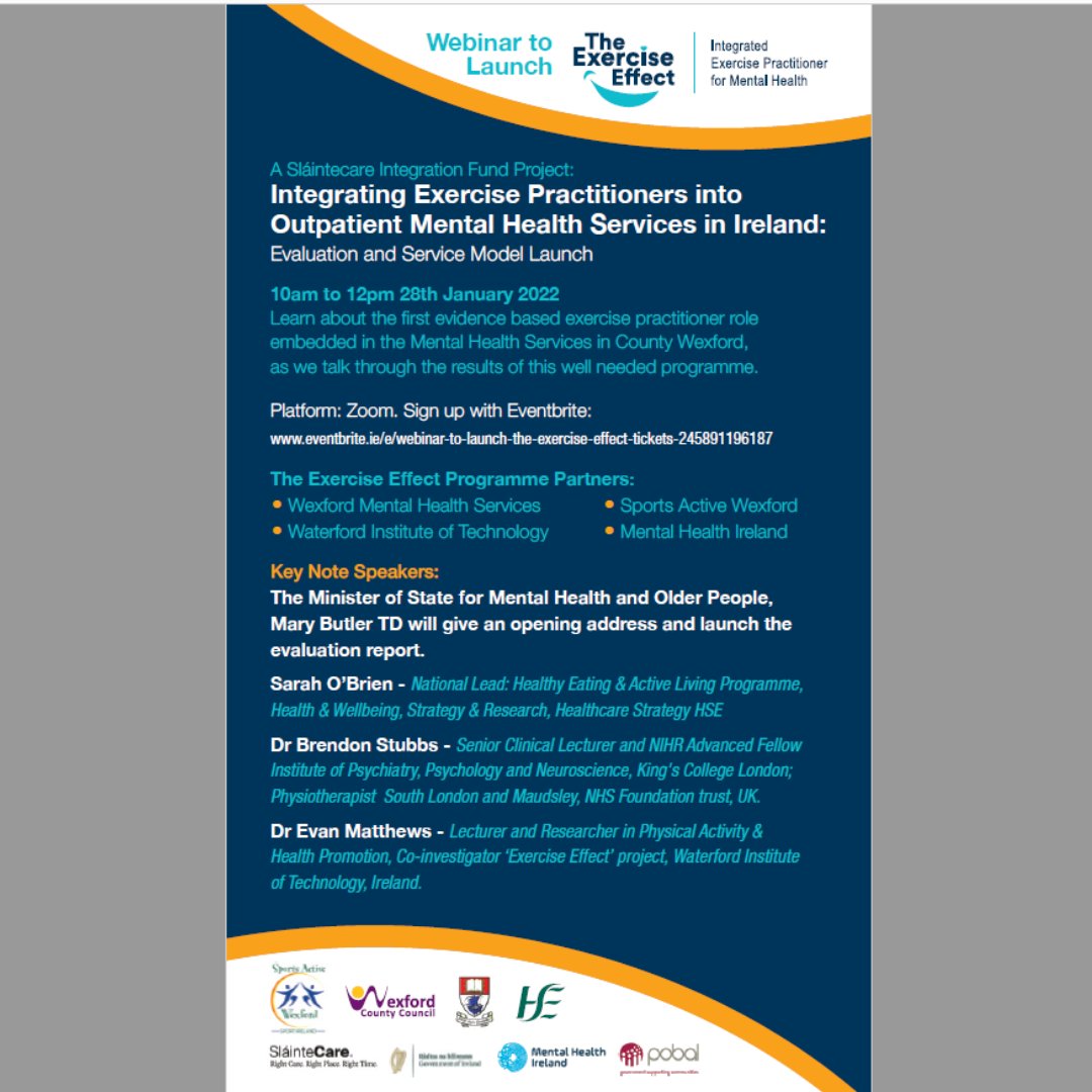 SportActiveWex's tweet photo. Webinar on 28/01/22, to launch the evaluation of the “The Exercise Effect” progamme, piloted in Wexford Mental Health Service which provides for the integration of exercise practitioners into the community mental health teams 
To register, follow the link: https://t.co/r3L4oQ6ioc https://t.co/rOQzpK3mgI