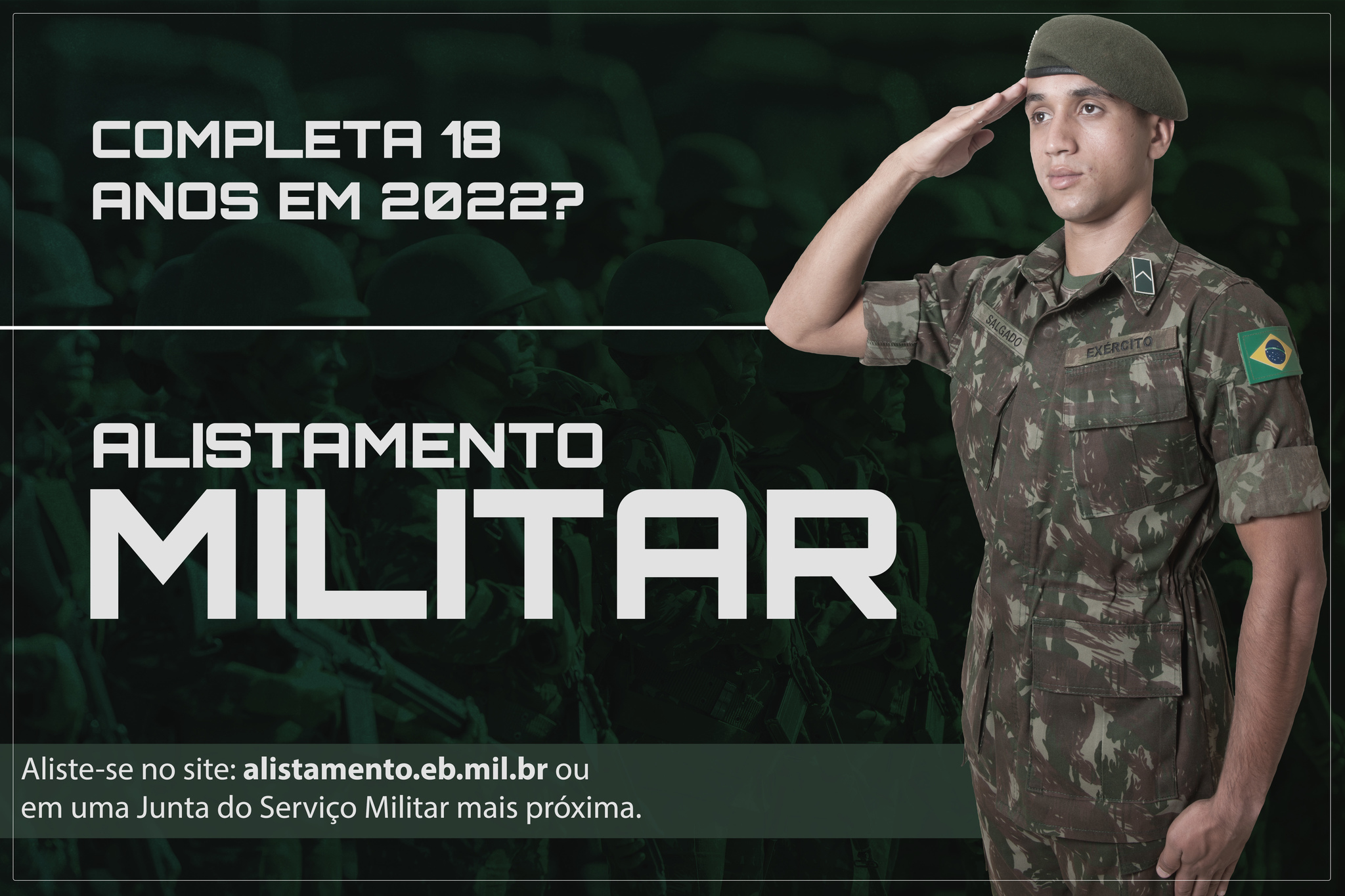 Exército Brasileiro 🇧🇷 on X: Se você é do sexo masculino e completa 18  anos em 2022, você deve se alistar para o serviço militar até 30 de junho.  ATENÇÃO: não é