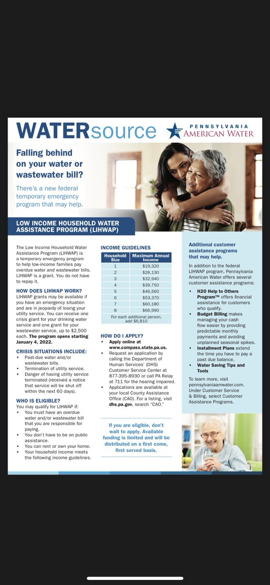Below is information on Low Income Household Water Assistance Program that may be helpful for residents in the community regarding water and wastewater bills. For more information go to compass.state.pa.us