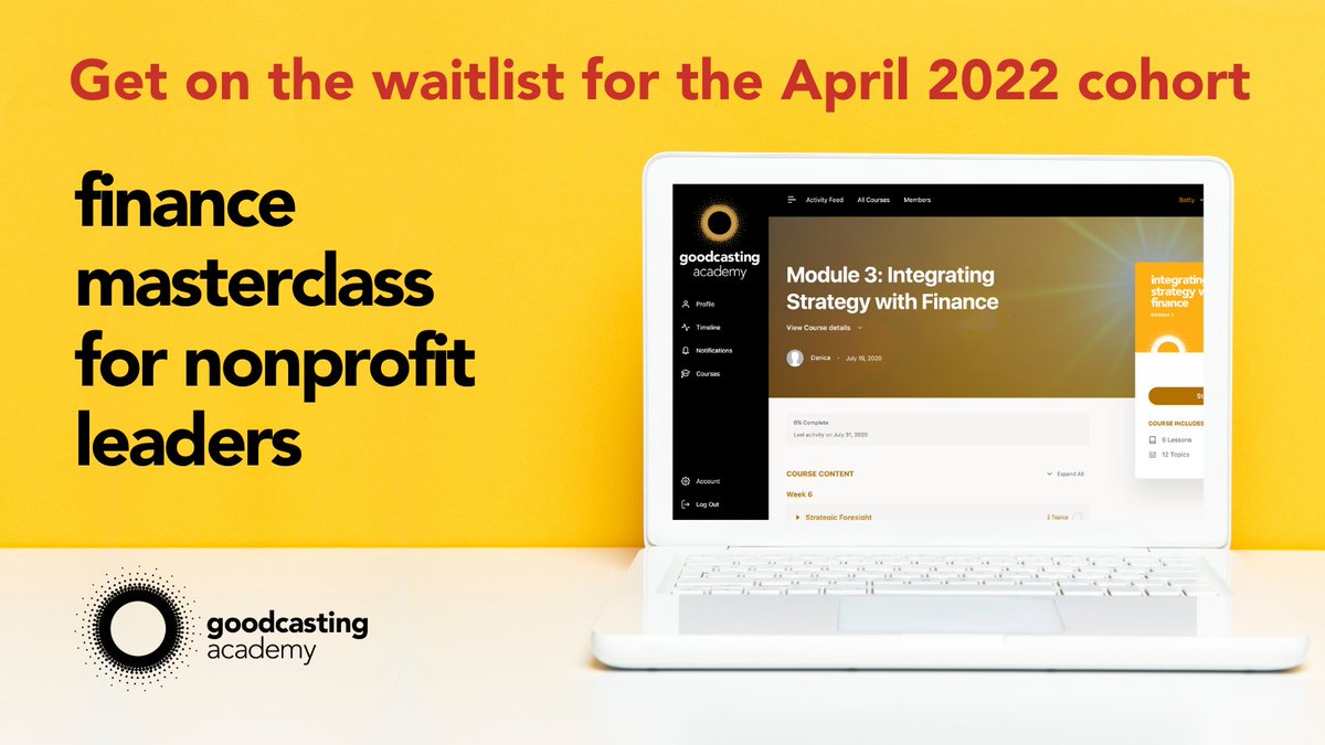 Just three dates in 2022 for the Finance Masterclass for Nonprofit Leaders, the 1st is sold out, the 2nd starts in April, and the date for the 3rd is TBD.

If you're interested in taking the Finance Masterclass, apply now for the April cohort!
bit.ly/FinanceMasterc…