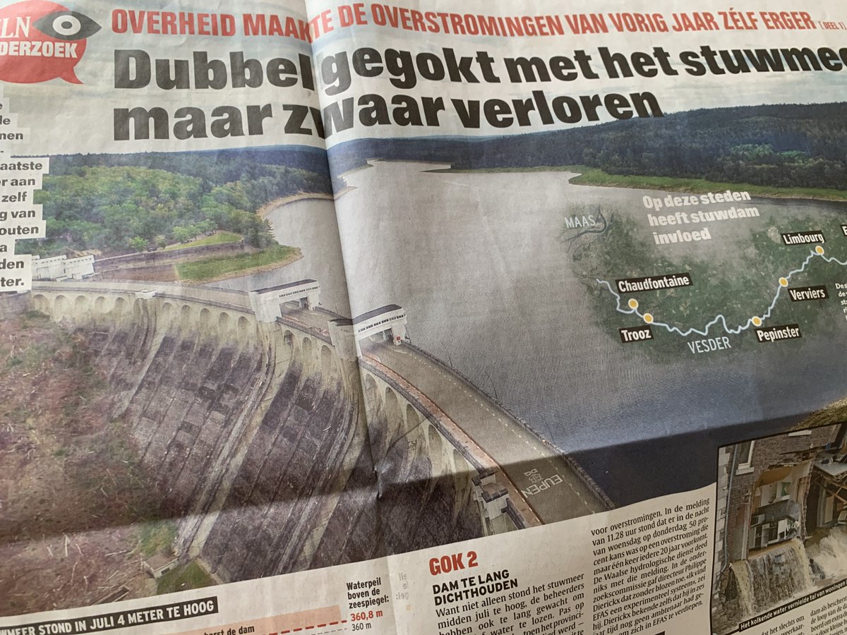 Les #inondations dans la vallée de la #Vesdre "aggravées par la 'double faute' des autorités" régionales :

1⃣ Lac du barrage #Eupen anormalement élevé
2⃣ Défaut d'anticipation par lâchers préventifs malgré prévisions #IRM &amp; alertes #EFAS

#Wallonie

➡️ hln.be/binnenland/hln…