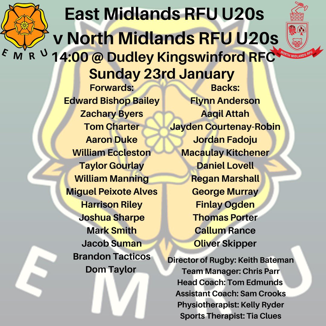 KeithBateman's tweet photo. The @EastMidsRugby u20s squad to play @NorthMidsRFU on Sunday at @DKRugbyClub in the @RFUComps County Championship https://t.co/6cSrPG4ywx