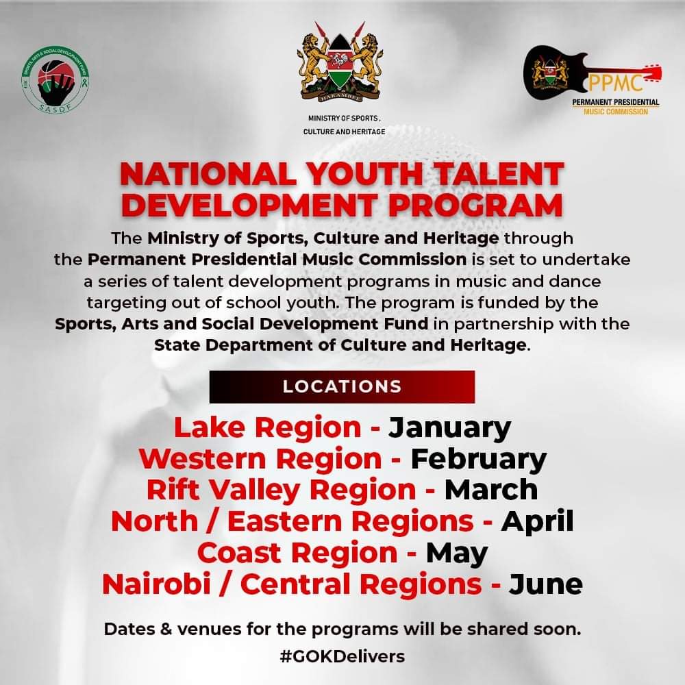 PPMC_KENYA's tweet photo. The Ministry of Sports, Culture and Heritage-GOK through the PPMC Kenya is set to undertake talent Dev. programs in music and dance targeting out of school youth; Funded by the Sports, Arts and Social Dev. Fund in partnership with the State Department of Culture and Heritage👇🏿 https://t.co/NRcbiVGVYy
