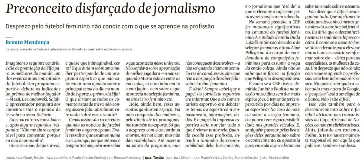 renata_mendonca's tweet photo. A função do jornalista esportivo é estar bem informado sobre os principais assuntos do dia. Não é sobre gosto, é sobre dever. E não, falar de futebol feminino não é “função das mulheres”. Coluna de hoje na @folha https://t.co/xUJqlq3r2C