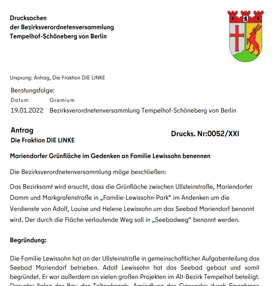 Archivtier's tweet photo. Guter und wichtiger Antrag morgen 19.01.22 in der #bvvts von Elisabeth Wissel und @rutsch_martin @DIELINKE_TS eine Grünfläche in #Mariendorf nach der Familie Lewissohn und den Weg darin nach dem ehem. #Seebad zu benennen. @LarsRauchfu @SPD_Mdorf @spd_bvvts https://t.co/wenu5TqWu1 https://t.co/eeAU0mYU9w