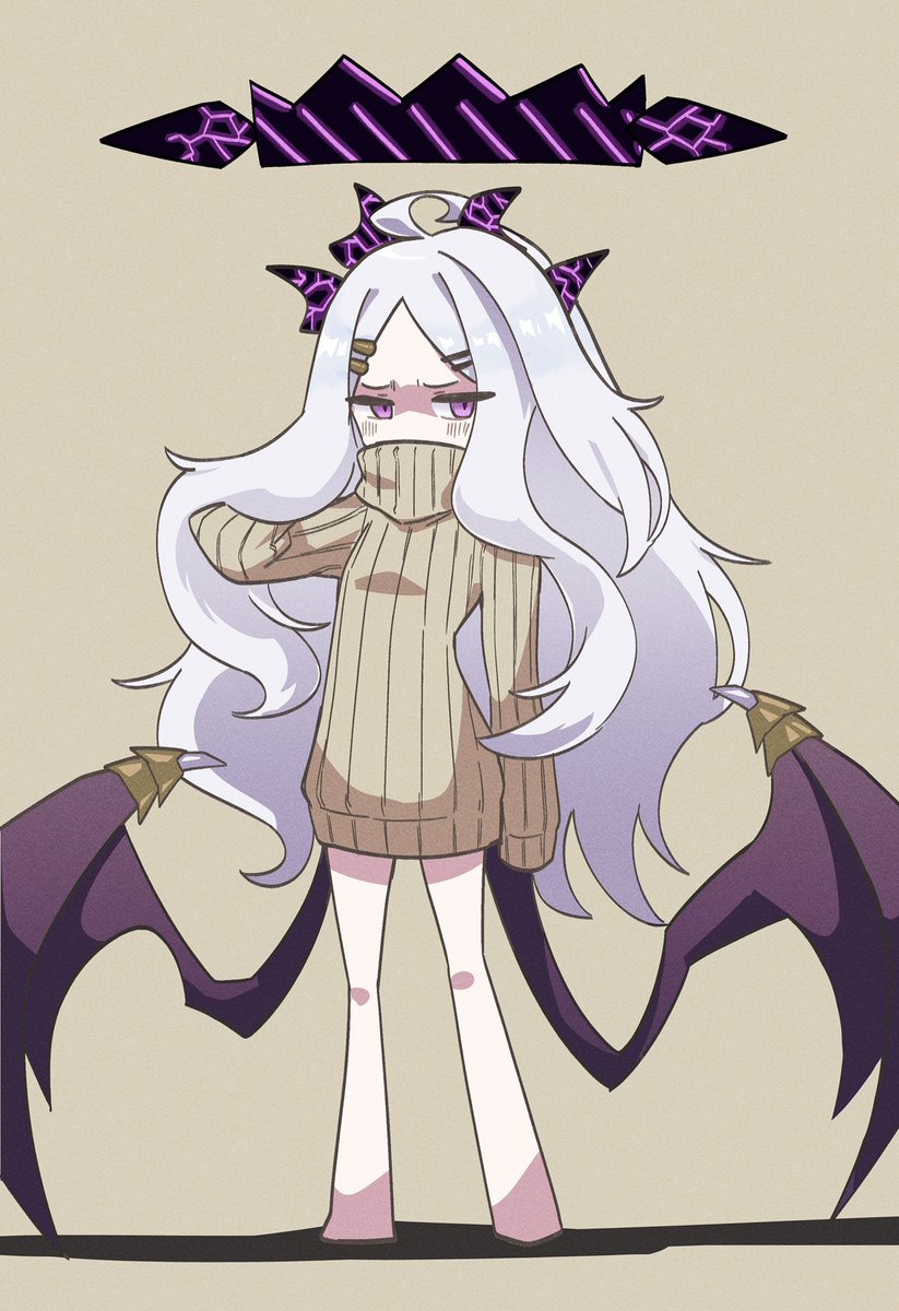 hina (blue archive) 1girl horns solo wings long hair purple eyes sweater  illustration images
