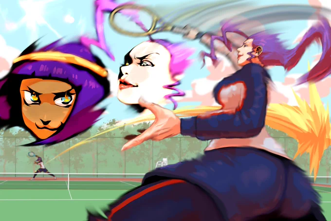今度はスポ根のノリでテニス対決を始めた二人
Suddenly, the two of them started a tennis  duel.
#SFV #SF5 #Rose #Menat #ローズ #メナト #格ゲーキャラ描こうぜ 