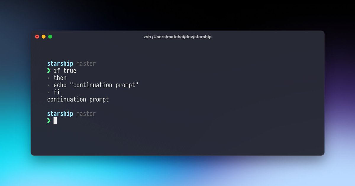 🥳 Starship v1.2.0 was released!

📣 Changelog: github.com/starship/stars…

New features:
💾 cmd.exe support with CLink
♻️ Support for continuation prompts on supported shells
➡️ Right-prompt support on xonsh
🐎 Speed improvements for git and rust modules