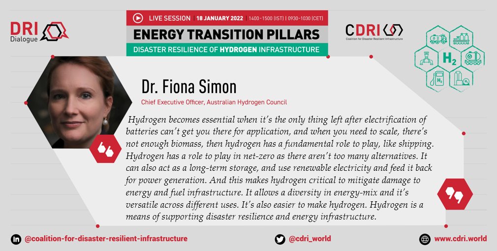 Dr. Fiona Simon, CEO <a href="/AusHydCouncil/">Australian Hydrogen Council</a> shares her views on hydrogen having a vital role to play in the net-zero future.
#DRIDialogue #Resilientinfra
