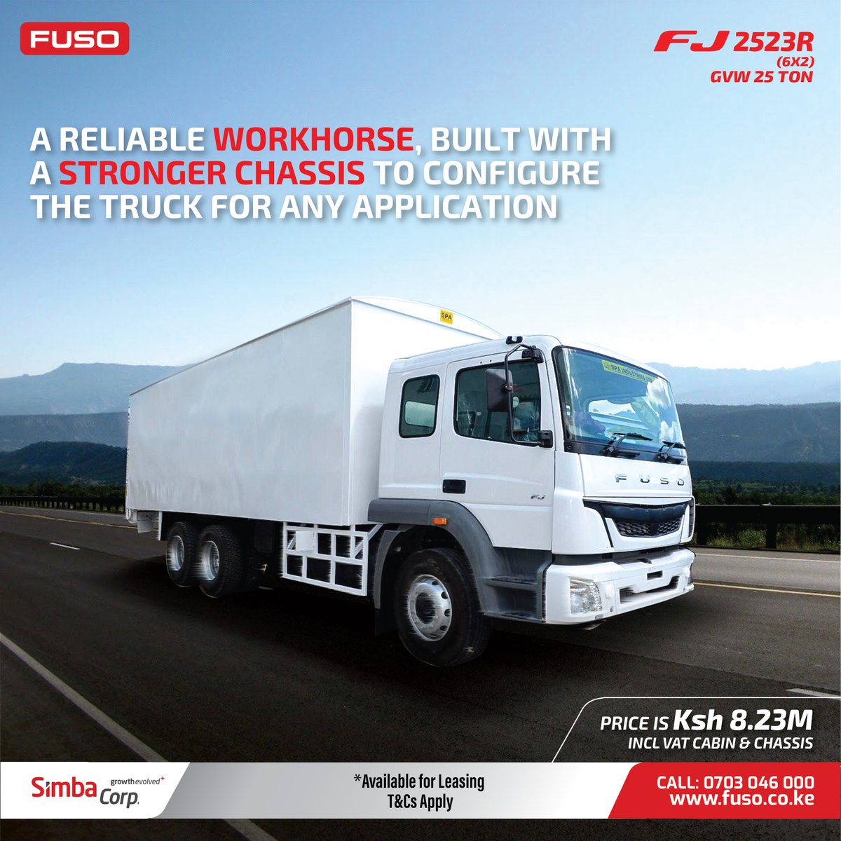 FusoKenya's tweet photo. FUSO FJ2523 Rigid truck, is a strong, powerful, reliable, & fuel efficient truck that delivers profit for your business with every trip. Selling at Ksh 8.23M Incl Vat for a cabin & chassis.
*Up to 95% Financing available.
Visit: https://t.co/NDHoiYFitC
Call: 0703046000
#FusoFJ https://t.co/3W9nd1RC06