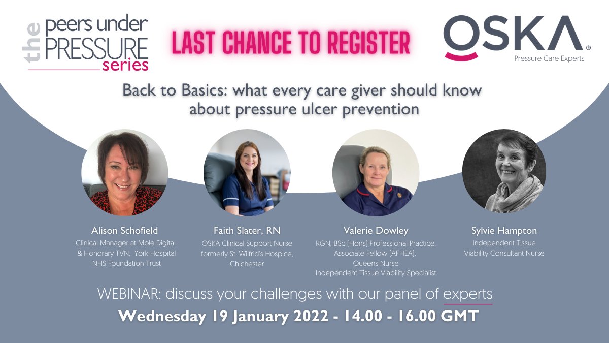 askOSKA's tweet image. BOOKED YET? Join expert #TissueViability Nurses @Faith_OSKA @alischofield12 @dowley_valerie &amp;amp; @woundhealingcen as they go BACK TO BASICS in #pressureulcer prevention. 

BOOK ▶️ us02web.zoom.us/webinar/regist…
📅 Wednesday 19 January 2022
⏰ 14.00-16.00 GMT

⚠️350+ booked don’t miss out⚠️