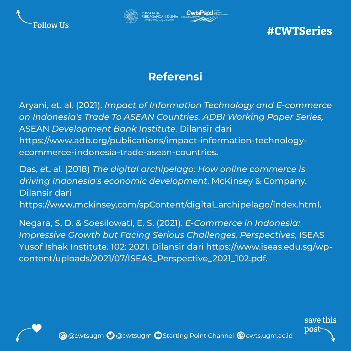 cwtsugm's tweet photo. (cont.) terbesar di ASEAN, lho! Penasaran seberapa besar potensi pasar e-commerce di Indonesia dan kondisinya di tengah pandemi? Simak #CWTSeries kali ini, ya!

#CWTSeries #DigitalEconomy #Ecommerce https://t.co/8W5vZKjDzH