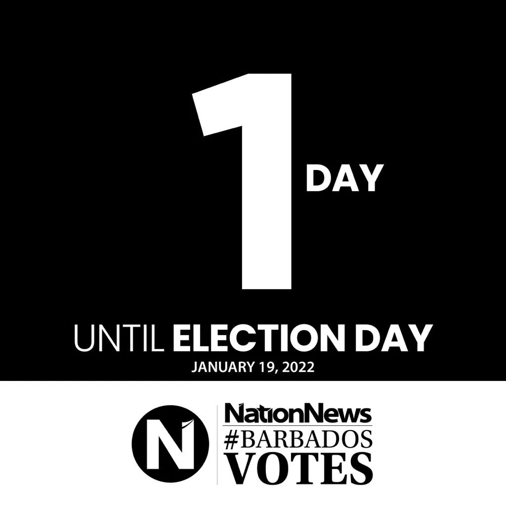 There is one day remaining until polling day on January 19, 2022 in Barbados.
Log on to the platforms of The Nation for all of your General Election coverage.
#BarbadosVotes #BarbadosVotes2022 #BarbadosElection #TheSourceMatters #Barbados #BarbadosNation #YourNewsYourTimeYourWay https://t.co/iK79DOoM7c