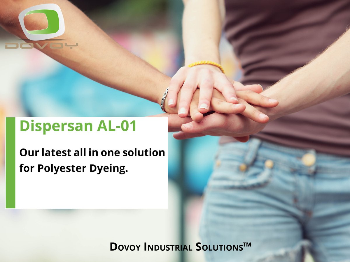 dovoyinc's tweet image. The solution in form of Dispersan AL 01 replacing 4 dyeing component (Acid+ Buffer+ Levelling+ Dispersing) with just 2 (Acid+ Dispersan AL 01) to obtain level and uniform #dyeing in all shades of #Polyester.
#polyesterdyeing #textiledyeing #textile #uniformdyeing #dovoyinc