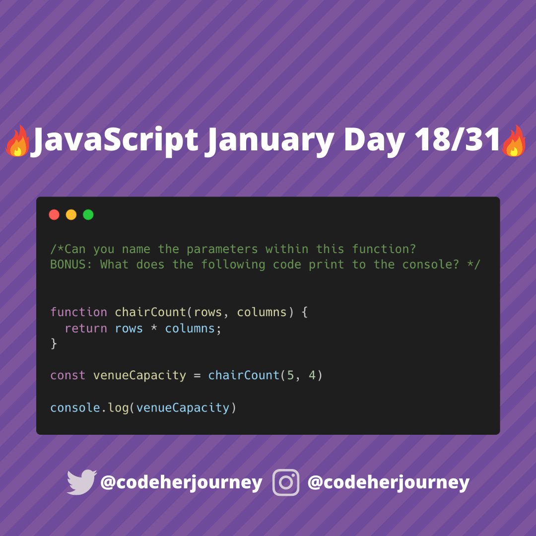 codeherjourney's tweet image. 🔥 JavaScript January Day 18/31 🔥
You know how it goes by now... Can you name the parameters within this function? BONUS: What will the code print to the console? 👀 
#JavaScriptJanuary #codeherjourney #100Devs #WomenWhoCode #100DaysofCode #JavaScript