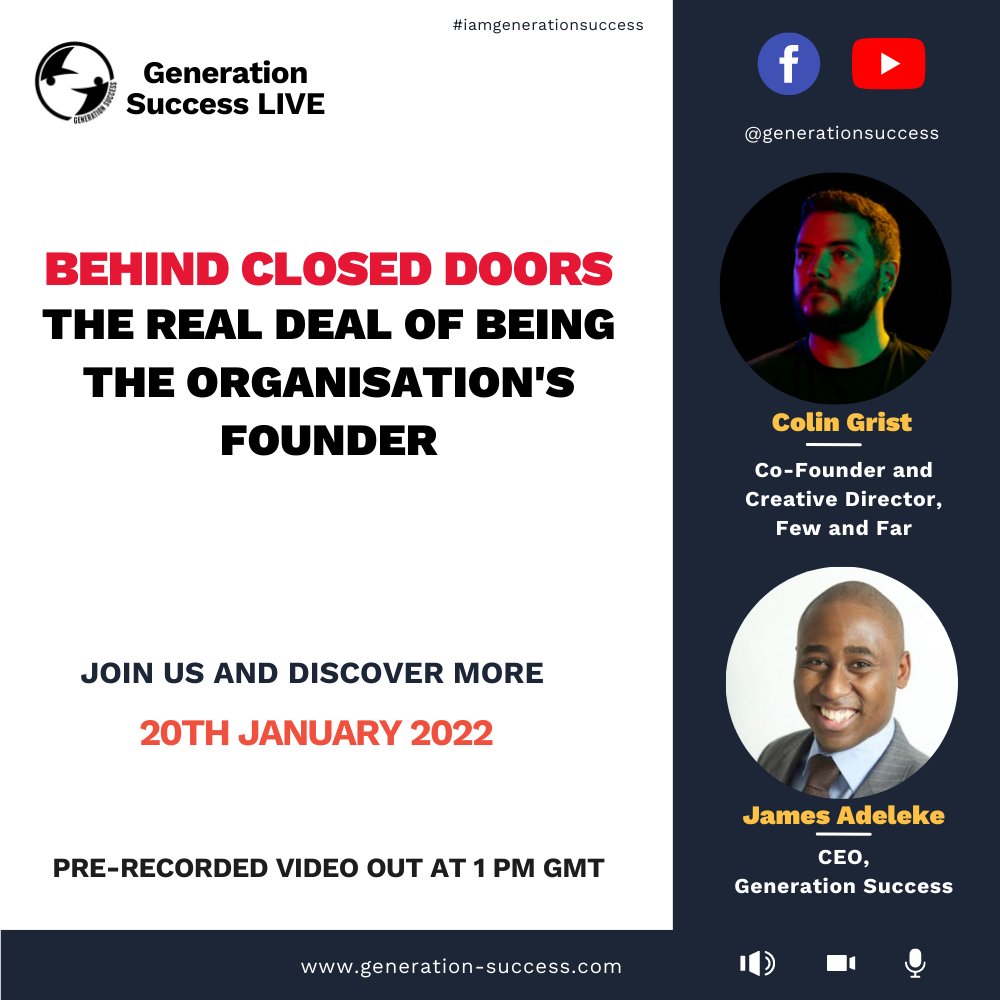 _GenSuccess's tweet photo. Tune in on the 20 Jan at 1 PM for another Thursday Live Session with @JamesAdelekefcd. Watch @colingrist, Co-founder of @fewfarco, share his experiences and insights on being the organisation's founder. Plus, an in-depth discussion about mental health. #gensuccess #mentalhealth https://t.co/MtPsbkEtUe
