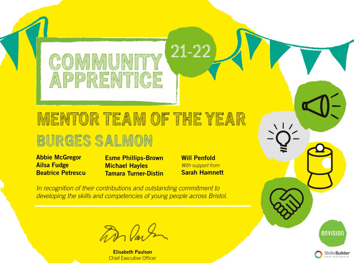 BurgesSalmonCR's tweet photo. Incredibly proud of the team of 7 @BurgesSalmon people, who mentored a group of @OABrislington #students and were crowned โMentor Team of the Yearโ by @envisionUK and judging panel for the #CommunityApprentice Programme. https://t.co/lHJg9h0dDw