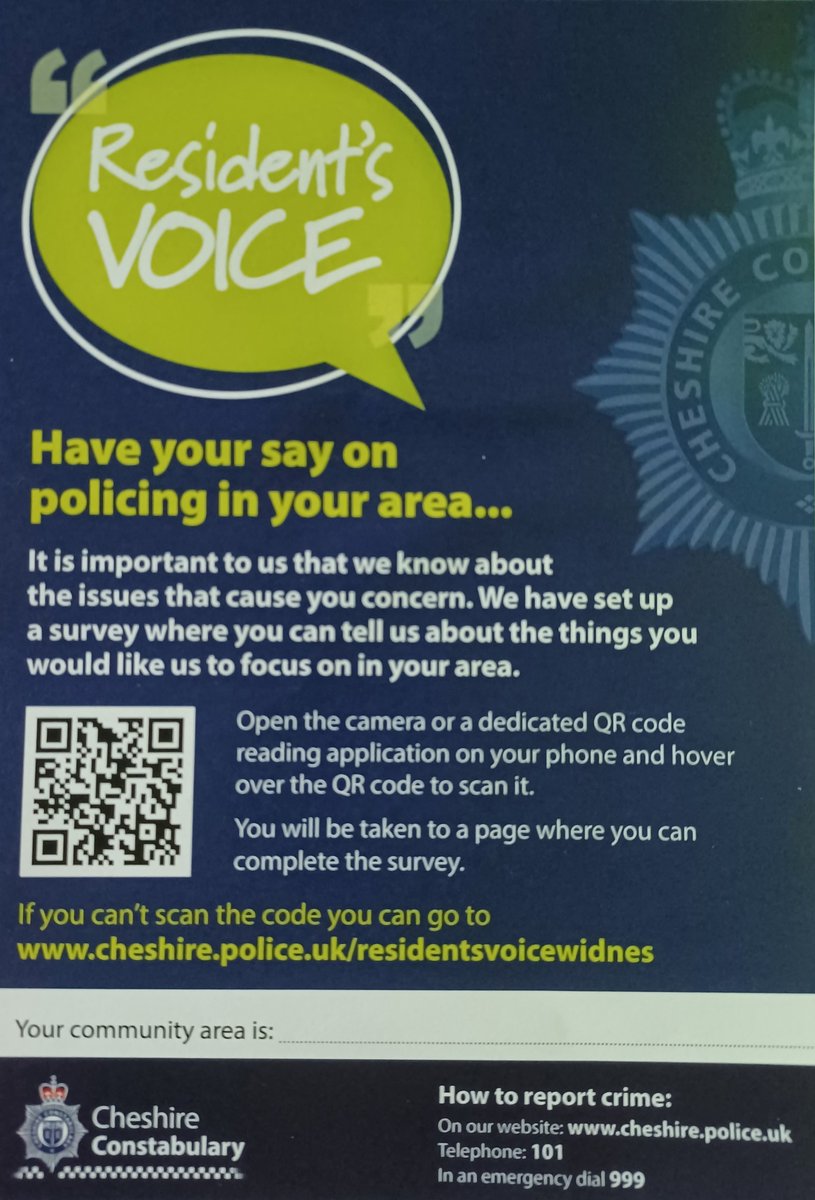 Residents of Appleton. Have your say on Policing in your area. You can access the quick survey by using the QR code or by heading to the link in green below the QR code. We value your opinions so if you can spare a minute,  please compare survey