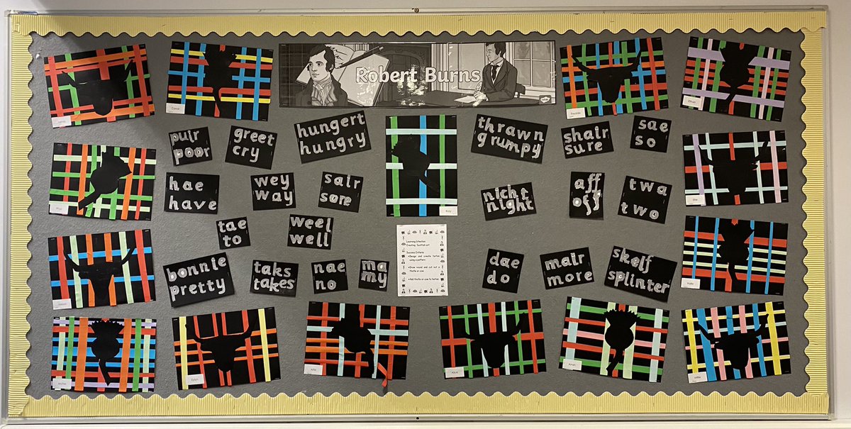 MissLAHarrison's tweet image. P4H @Whitehillsps have finished their wall display.  They created a tartan and made Scots words they have found in poems they are learning for a poetry competition.