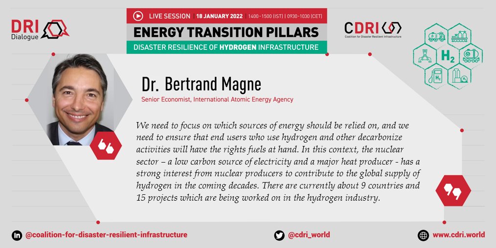 Dr. Bertrand Magne, Senior Economist <a href="/iaeaorg/">IAEA - International Atomic Energy Agency ⚛️</a>  discusses about the resilience of hydrogen industry and how to deploy it at scale.
#DRIDialogue #Resilientinfra