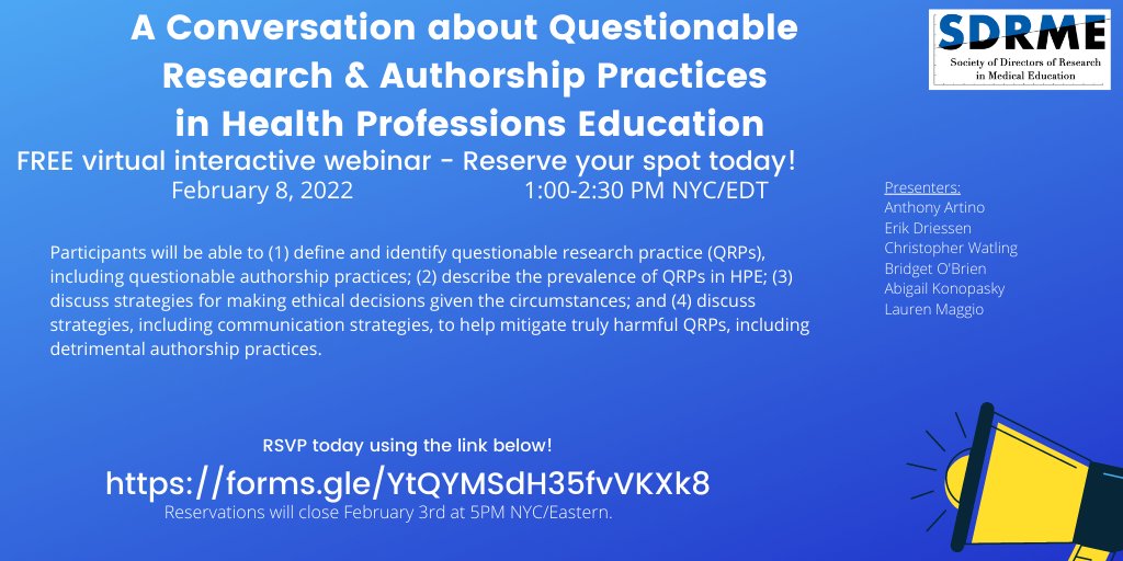 SDRME (@sdrme_meded) on Twitter photo Join <a href="/mededdoc/">Anthony R Artino Jr</a> and colleagues on Feb 8th at 1PM ET/NYC for a discussion about questionable #HPE research practices!
Register for the FREE webinar at forms.gle/YtQYMSdH35fvVK… Join <a href="/mededdoc/">Anthony R Artino Jr</a> and colleagues on Feb 8th at 1PM ET/NYC for a discussion about questionable #HPE research practices!
Register for the FREE webinar at forms.gle/YtQYMSdH35fvVK…