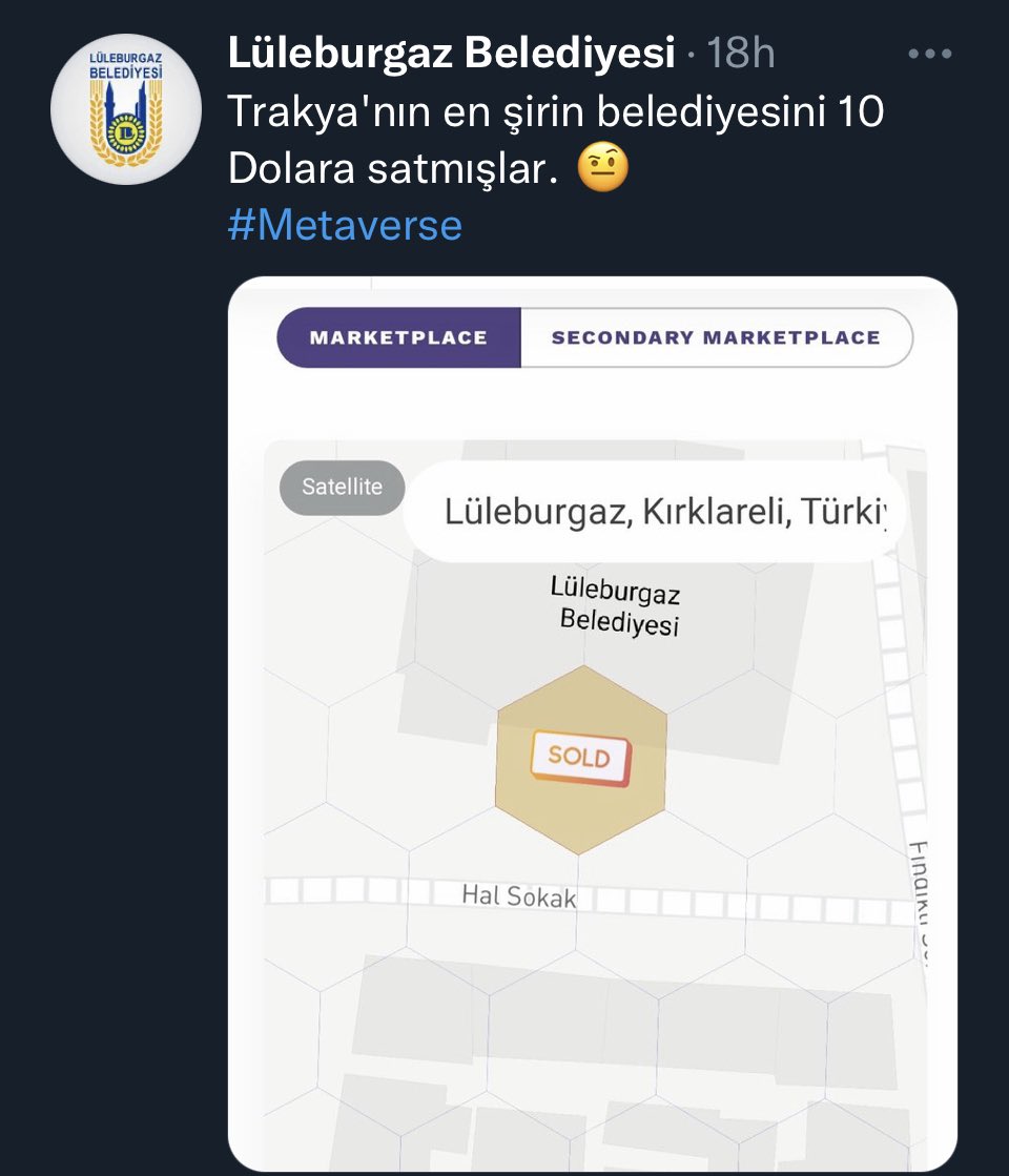 Lüleburgaz Belediyesi, binası #Metaverse ‘de 10 dolara satıldı, belediyenin resmi Twitter hesabı konuya biraz alındı…