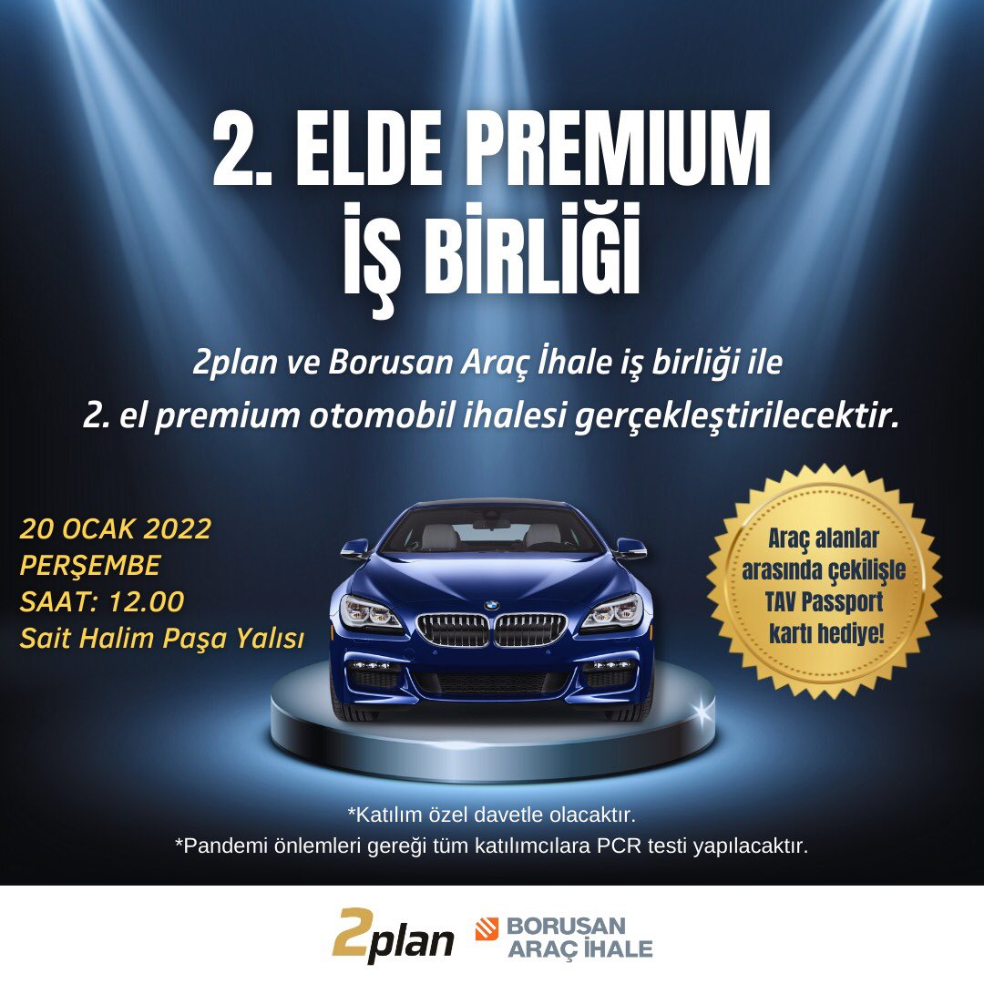 2plantr's tweet image. 2plan ve Borusan Araç İhale iş birliği ile hayata geçirilen 2. el premium otomobil ihalesi 20 Ocak 2022 Perşembe günü saat 12.00'de Sait Halim Paşa Yalısı'nda gerçekleştirilecektir.

#2plan #2plancomtr #ikincieldeilkplan #ikinciel #ikincielpremiumotomobilihalesi