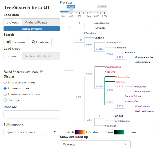 PalaeoSmith's tweet photo. TreeSearch v1.1 now on CRAN

Parsimony analysis in R, with exploration of rogue taxa (https://t.co/kin1CMxWy3) and tree spaces (https://t.co/DTz8XQyO1Q) 

Try it yourself: https://t.co/oOSkMOhwLI https://t.co/nZHukRzAu5