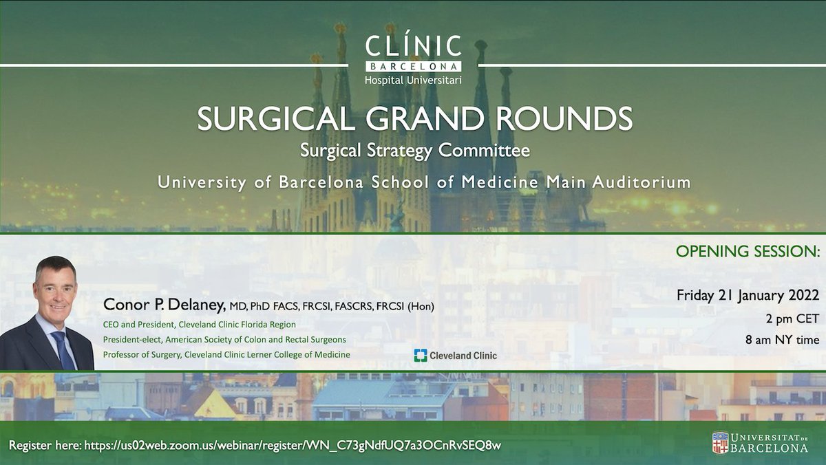 Jose M. Balibrea MD, PhD, FACS (@balibreajose) on Twitter photo This Friday 21/1; 14h CET we start the Surgical Grand Rounds <a href="/hospitalclinic/">Hospital Clínic</a> with 1 🔝 speaker: <a href="/ConorDelaneyMD/">Conor Delaney</a> CEO and president of <a href="/ClevelandClinic/">Cleveland Clinic</a> A transversal vision of executive leadership in Surgery. FREE access here👉us02web.zoom.us/webinar/regist… #SoMe4Surgery This Friday 21/1; 14h CET we start the Surgical Grand Rounds <a href="/hospitalclinic/">Hospital Clínic</a> with 1 🔝 speaker: <a href="/ConorDelaneyMD/">Conor Delaney</a> CEO and president of <a href="/ClevelandClinic/">Cleveland Clinic</a> A transversal vision of executive leadership in Surgery. FREE access here👉us02web.zoom.us/webinar/regist… #SoMe4Surgery