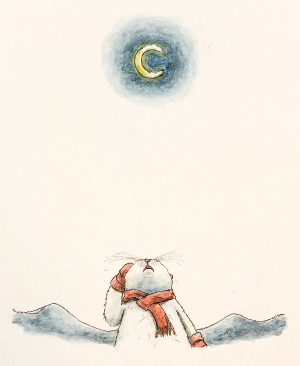 「『寒い夜は月も凍る🌙⛄️』

この場所から見る月は
寒い夜によく凍る
だから誰」|エルクポットの動物群像絵🐾のイラスト