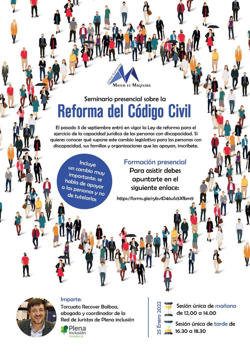 👩🏽‍🦽⚖️👨🏽‍⚖️ SEMINARIO PRESENCIAL EN MATER SOBRE LA REFORMA DEL CÓDIGO CIVIL MARTES 25 DE ENERO 👨🏽‍⚖️⚖️👩🏽‍🦽

Para asistir debes apuntarte haciendo clic en el siguiente enlace: forms.gle/rybv1D47ufz5Xf…

#Junt@sSumamos