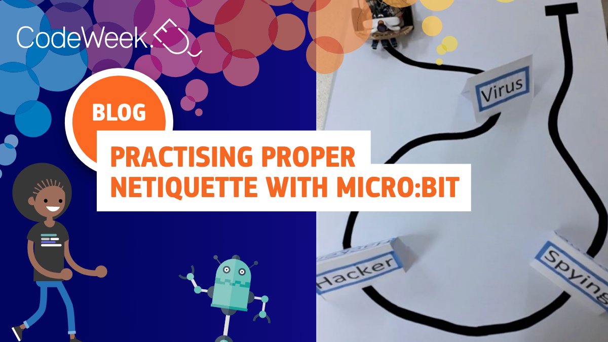 CodeWeekEU's tweet image. Want to teach about safe online behaviour in an engaging way? 😍
@ImenMarzouk 🇹🇳 proposes an activity of learning proper netiquette using micro:bit - where students code a robot to avoid VIRUS, HACKER or SPYING obstacles.
#CodeWeek blog here: blog.codeweek.eu/practising-pro…