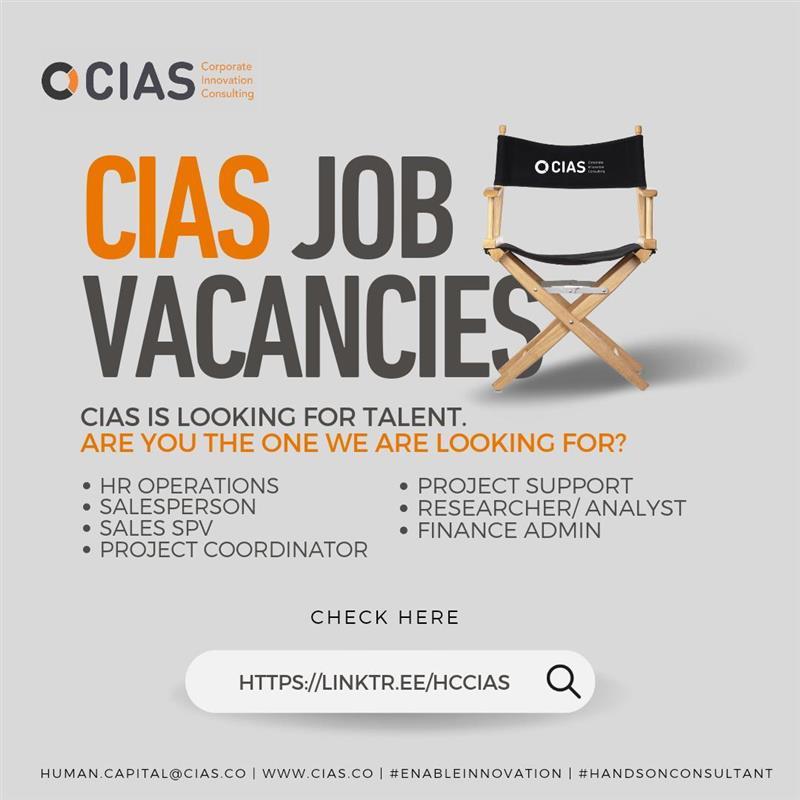 CIAS_co's tweet photo. We want you! 

CIAS is looking for talent. Are you the one we are looking for?  Look up the list of vacancies here https://t.co/yURxYcvKb5 and apply now. 

#CIAS #HandsOnConsultant #EnableInnovation #Inovasi #Innovation https://t.co/fYBPgXniCX
