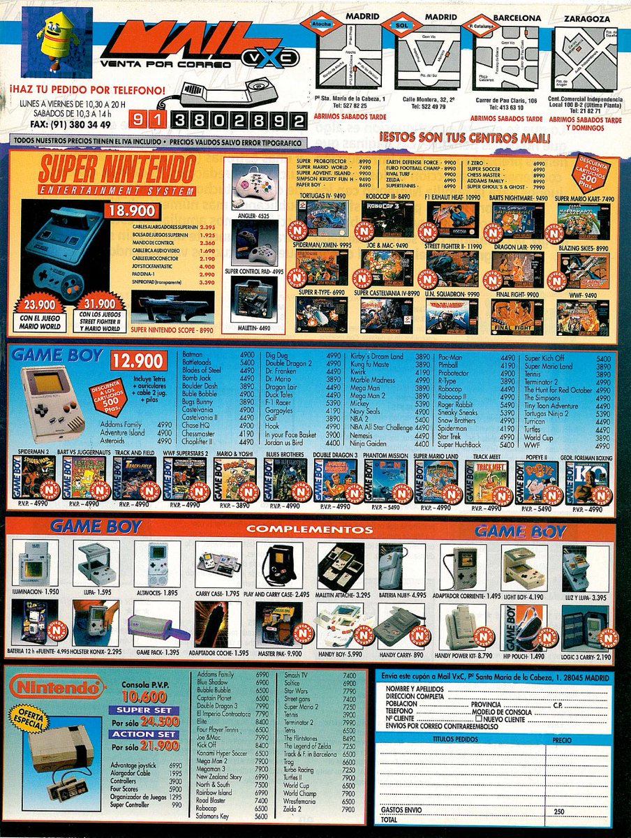 TakodanTweets's tweet photo. 1992 advert by a Spanish store called #MailVxC and a bunch of the #Nintendo related stuff they sell https://t.co/BePZUFjwXo