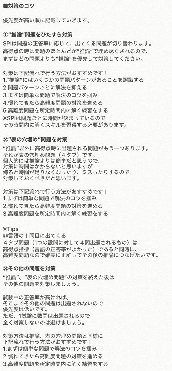 Makoto_Career's tweet photo. 【SPI100%通過を目指すには】

SPIは本選考前に終わらせられるといいと思います。

・対策方法（優先度別）
・試験中に意識していたこと
・理想の状態（高得点指標）

についてまとめましたので、
無駄を省いて対策したい方は
ぜひご覧ください

※非言語編

↓解説 https://t.co/KmaVjLtpCR