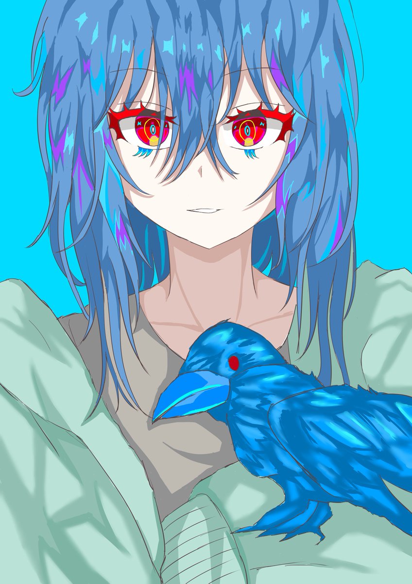 bird 1girl red eyes blue hair simple background blue background looking at viewer  illustration images