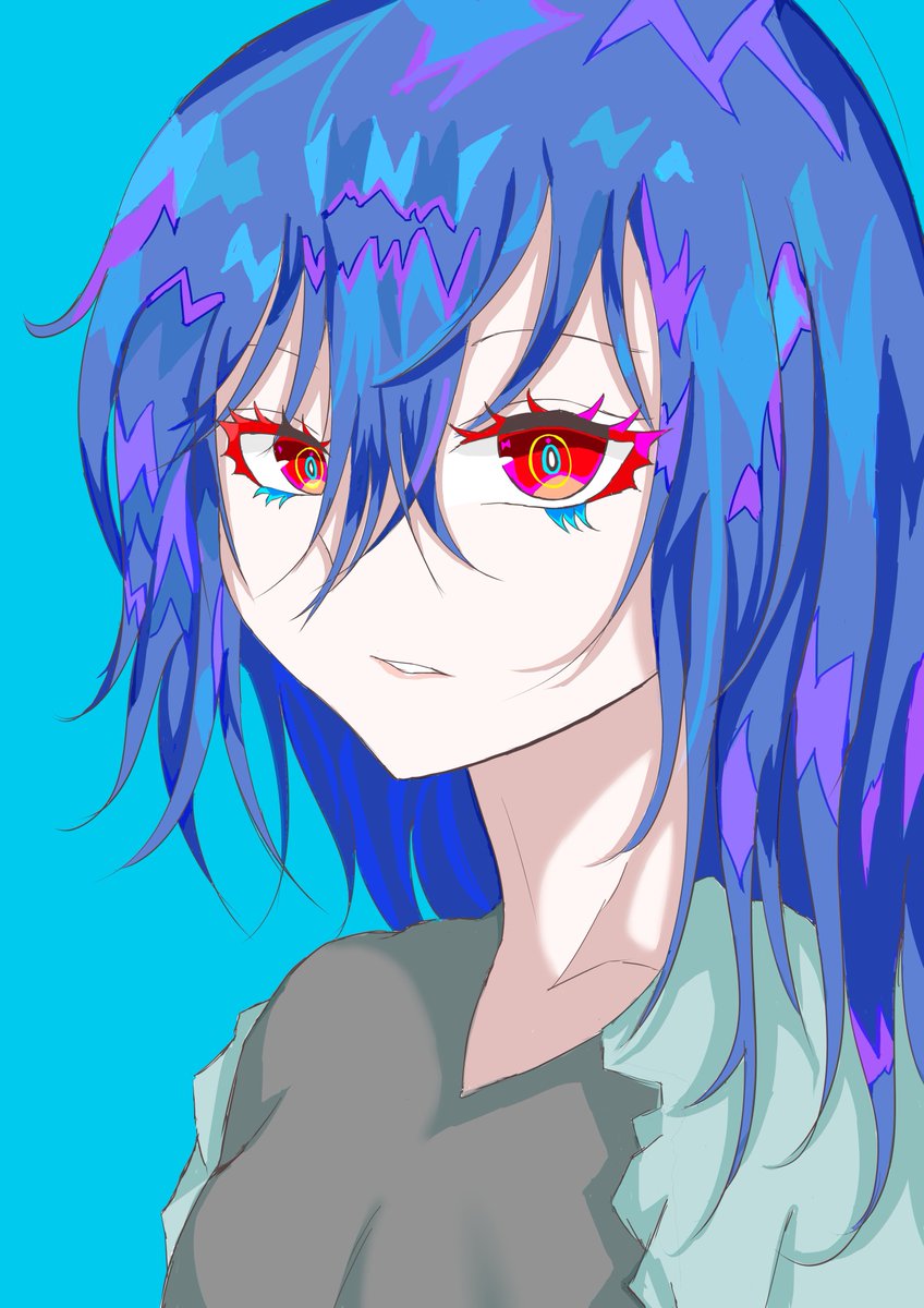 bird 1girl red eyes blue hair simple background blue background looking at viewer  illustration images