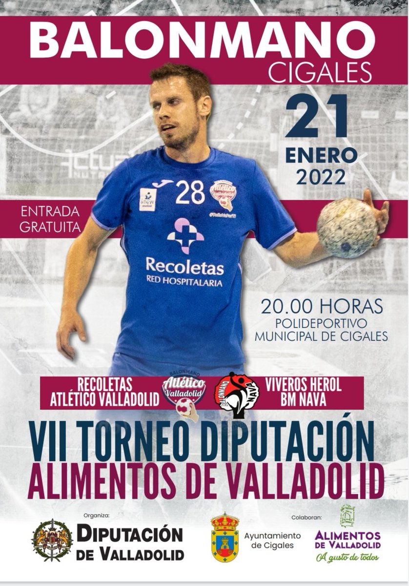 Este viernes 21 de enero el mejor balonmano <a href="/ASOBAL/">ASOBAL</a> llega al polideportivo Municipal de #Cigales de la mano de la <a href="/Dip_Va/">Diputación de Valladolid</a> con el VII Torneo <a href="/alimentosVALL/">Alimentos de Valladolid</a> que enfrentará al <a href="/atlvalladolid/">Recoletas Atlético Valladolid</a> con el <a href="/BalonmanoNava/">Club Balonmano Nava 🤾🇮🇩</a> #EntradaGratuita #OsEsperamos 💪 
<a href="/javiglezvega/">Javi González Vega</a>