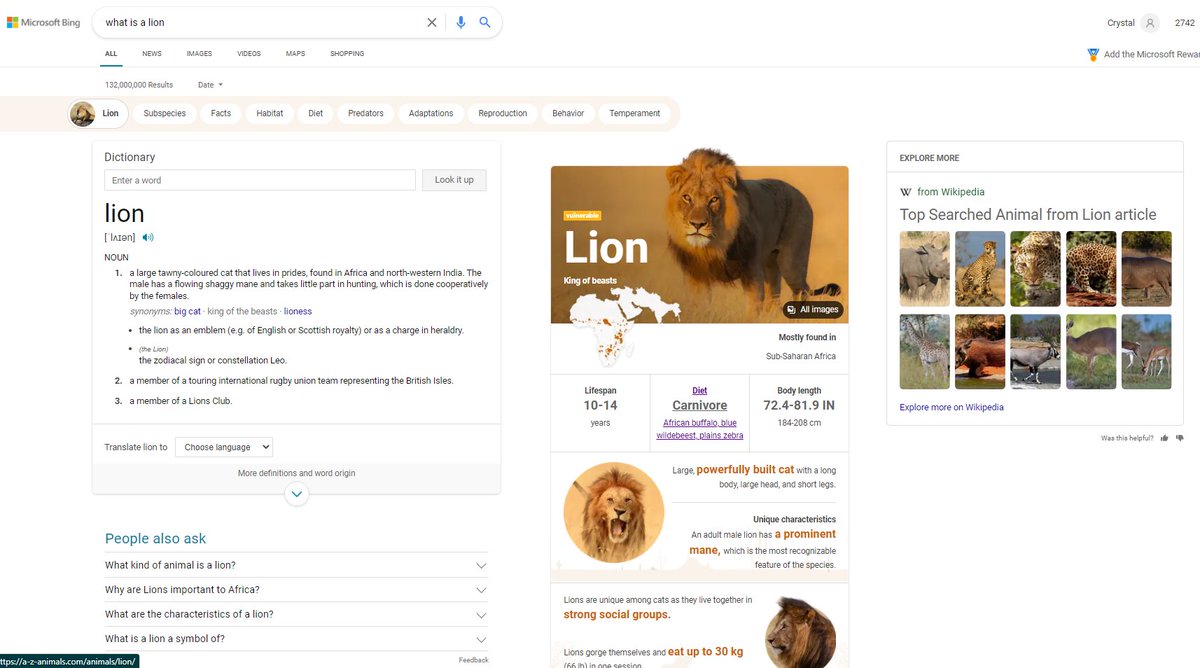 CrystalontheWeb's tweet photo. Soo.....is it me or does Bing's #WebQA benchmark look a LOT like #GoogleMUM like a whole lot.
At SearchOn, G gave an example of how MUM would help them understand a 'What is a lion' query. This is what Bing pulls up *now*. Glimpse into the future? #seo https://t.co/M1ArBFyeZe