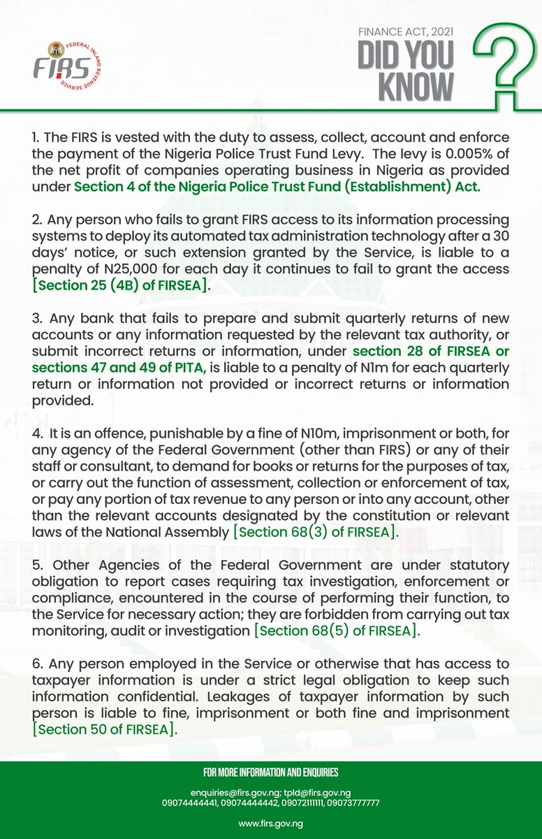 NigeriaRevenue's tweet image. Did you know that any person who fails to grant the FIRS access to its systems for the FIRS to deploy its automated tax administration technology after a 30 days’ notice, is liable to a penalty under the Finance Act 2021?

Get to know more: 

#FinanceAct2021