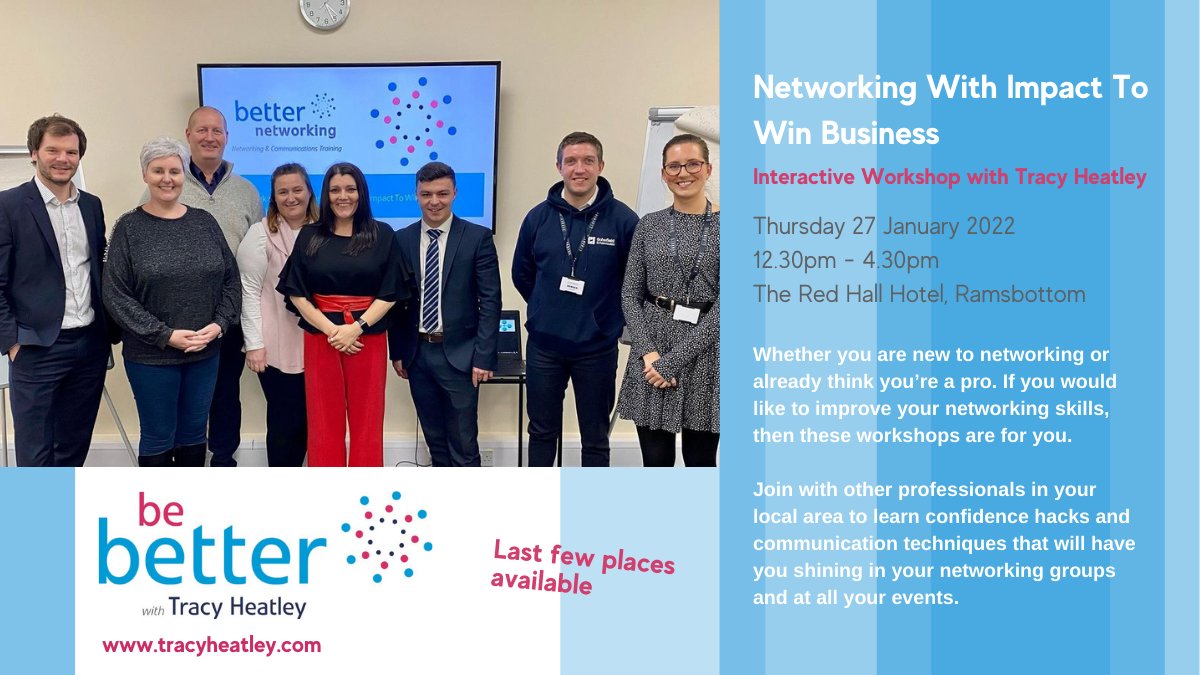 There's just over a week until our next Networking with Impact Interactive Course

We have just a handful of spaces remaining.  
Don't miss out - follow the link to book your place ....
zcu.io/qbGn 

#trainingworkshop #alwayslearning #networkingskills #bebetter