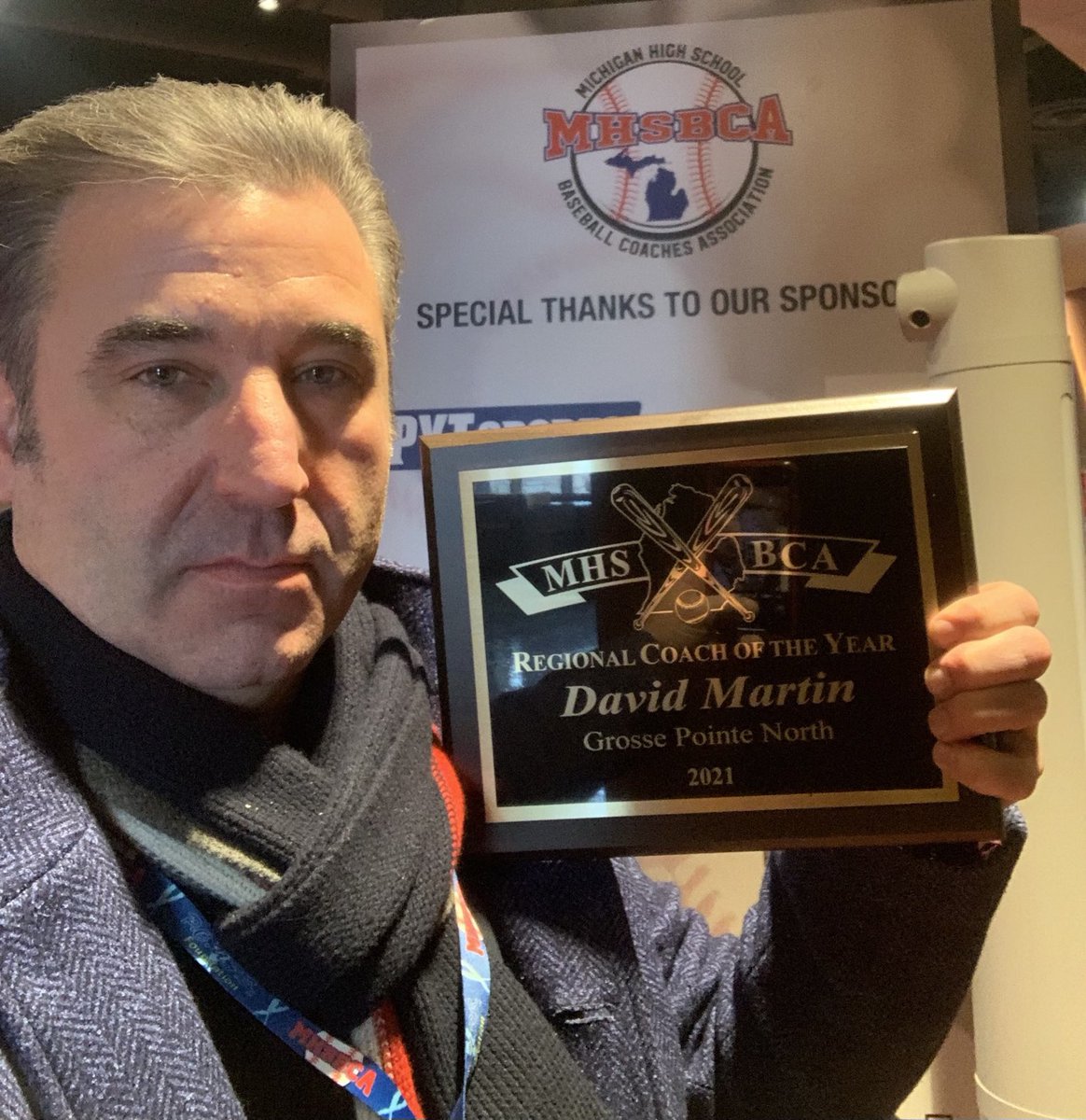Coach Martin receives Regional Coach of the Year at the Michigan High School Baseball Coaches Association awards ceremony.