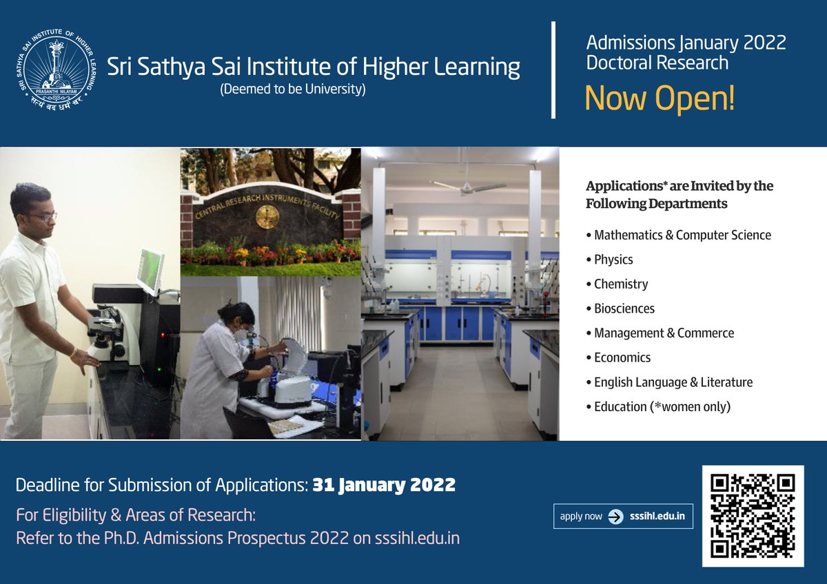#PhD #Admissions January 2022: Inviting #applications for #DoctoralResearch programmes
Apply on or before 31 January 2022: sssihl.edu.in/admissions/app…

#SriSathyaSai #Admissions2022  #SSSIHL #Students #Research